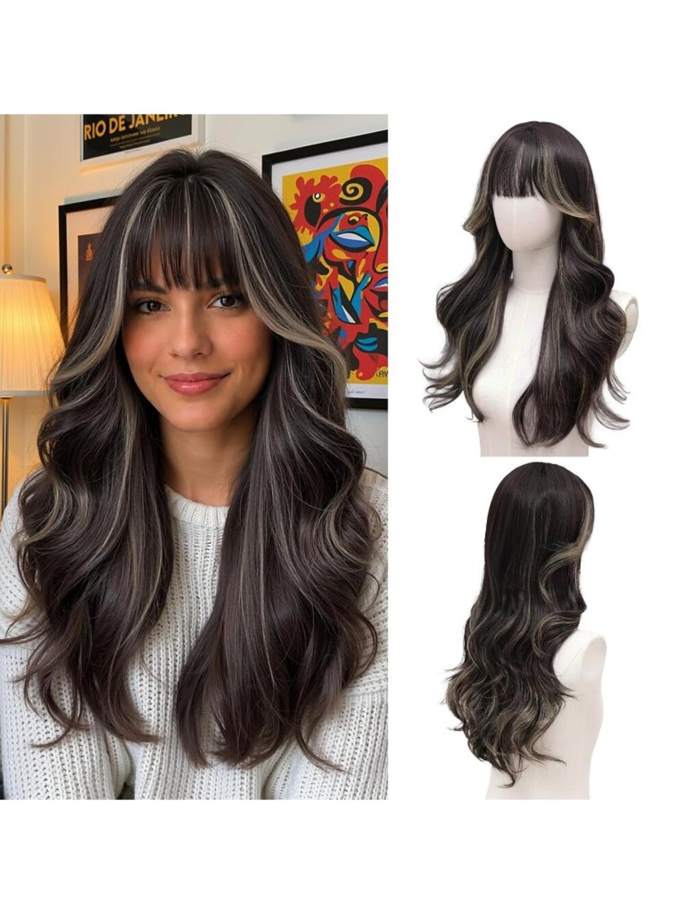 Women's Balayage Melt 24 Inch Long Wavy Heat Resistant Synthetic Hair Wig Bangs